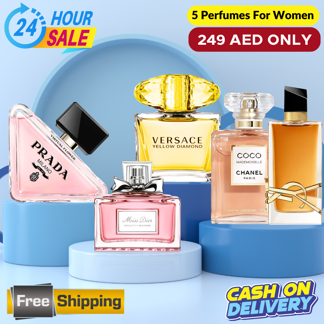 Miss Dior + YSL Libre + Coco Mademoiselle + Prada Paradox + Versace Yellow Diamond